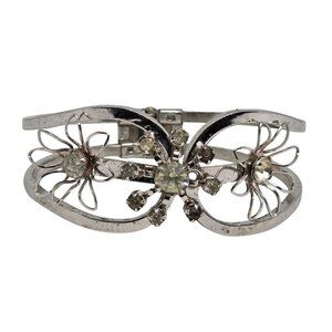 Vintage Silver-Tone Floral Rhinestone Bracelet With Hinged Clasp
